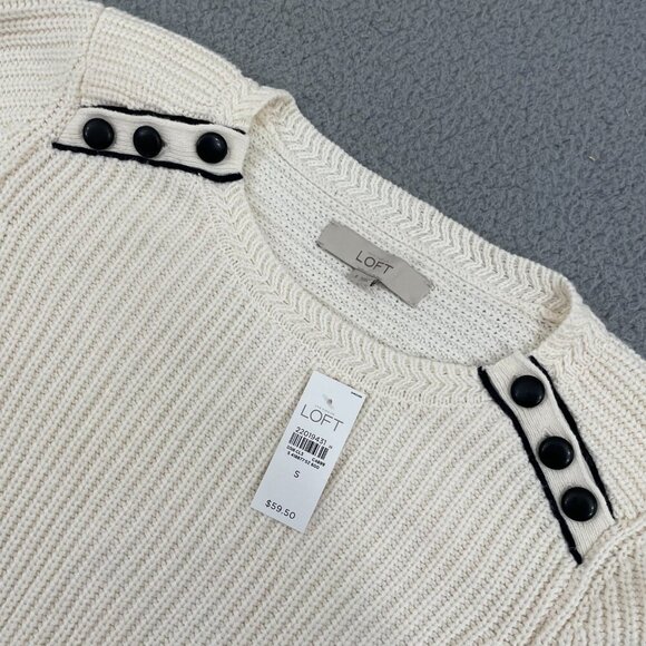 NEW LOFT Knit Sweater Women S White Crew Neck Button Shoulder - Picture 1 of 10